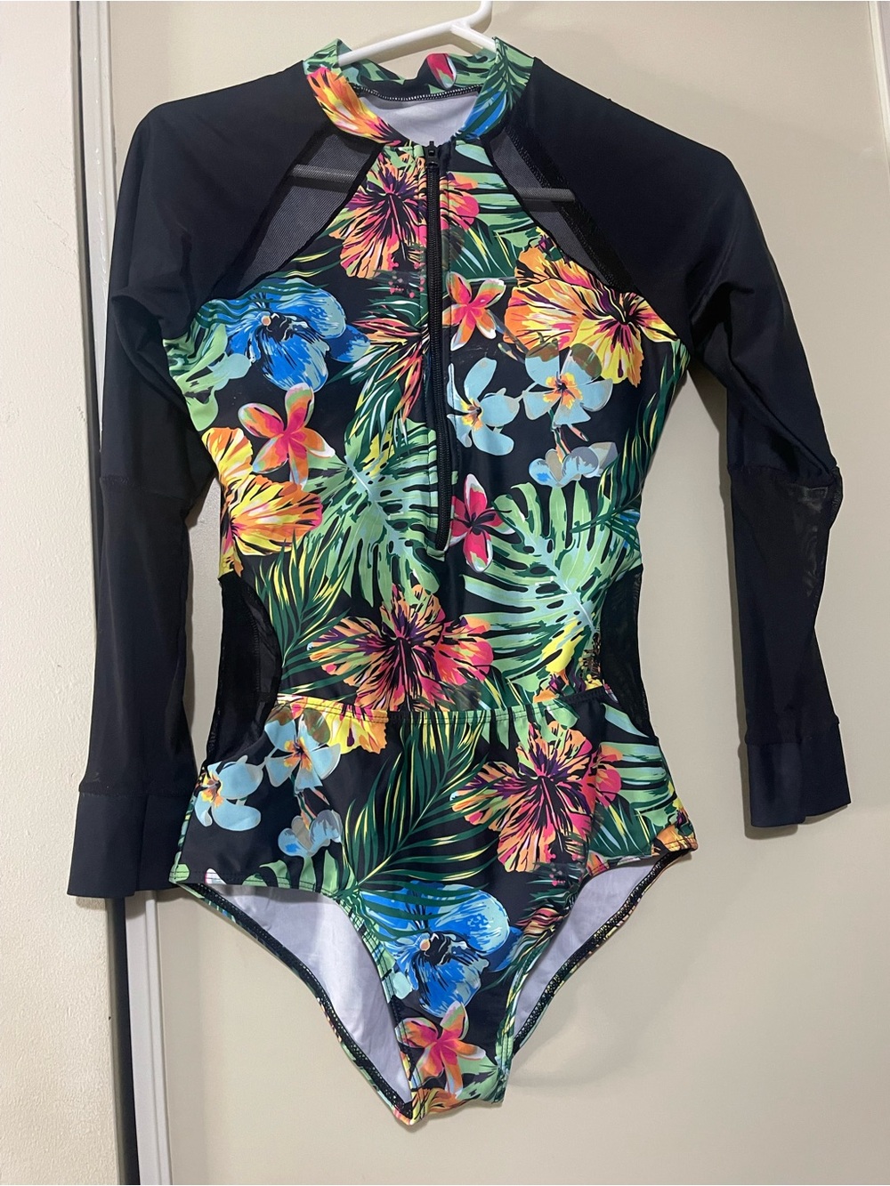 Floral Zip Front Long Sleeve One-Piece Swimsuit - Black Multi